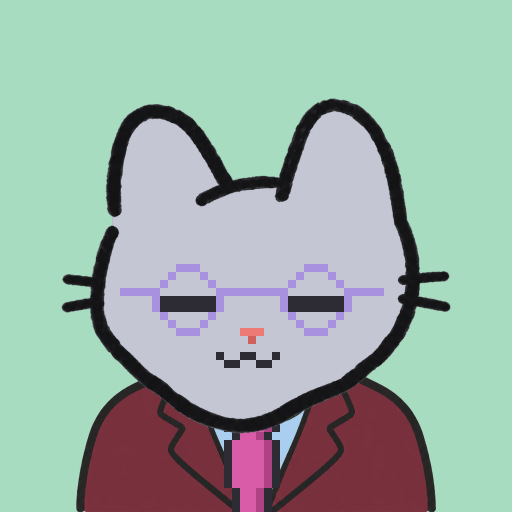 Employee #0312 — a gray cat, in a burgundy suit, with a magenta tie, wearing round-lavender glasses, on mint