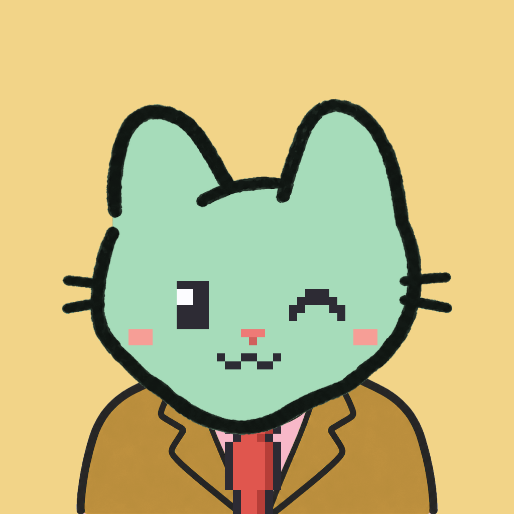 Employee #3120 — a mint cat, in a mustard suit, with a red tie, on butter