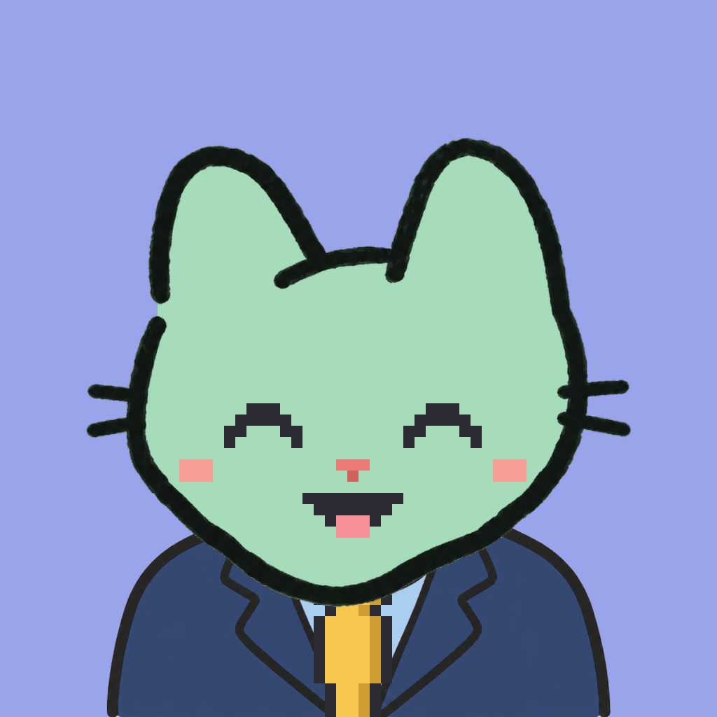 Employee #3121 — a mint cat, in a navy suit, with a gold tie, on periwinkle