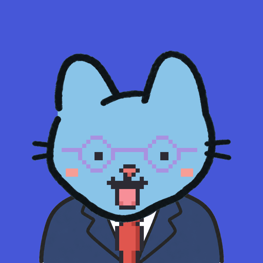 Employee #3122 — a sky cat, in a navy suit, with a red tie, wearing round-lavender glasses, on royal
