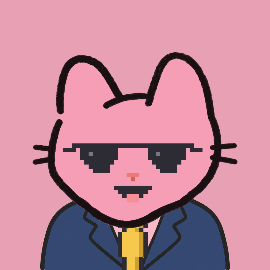 Employee #3123 — a pink cat, in a navy suit, with a gold tie, wearing shades glasses, on rose