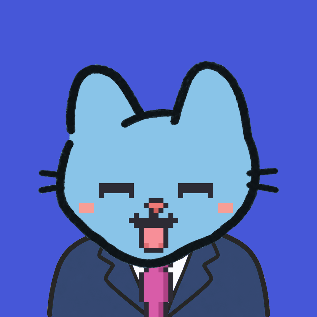 Employee #3124 — a sky cat, in a navy suit, with a magenta tie, on royal
