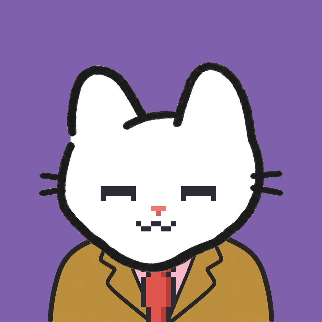 Employee #3125 — a white cat, in a mustard suit, with a red tie, on plasma violet