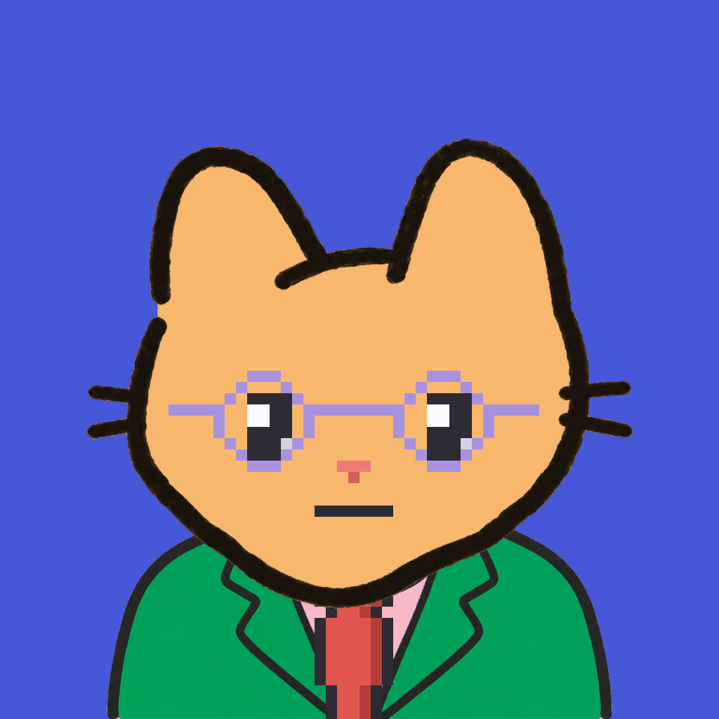 Employee #3126 — a tabby cat, in a green suit, with a red tie, wearing round-lavender glasses, on royal