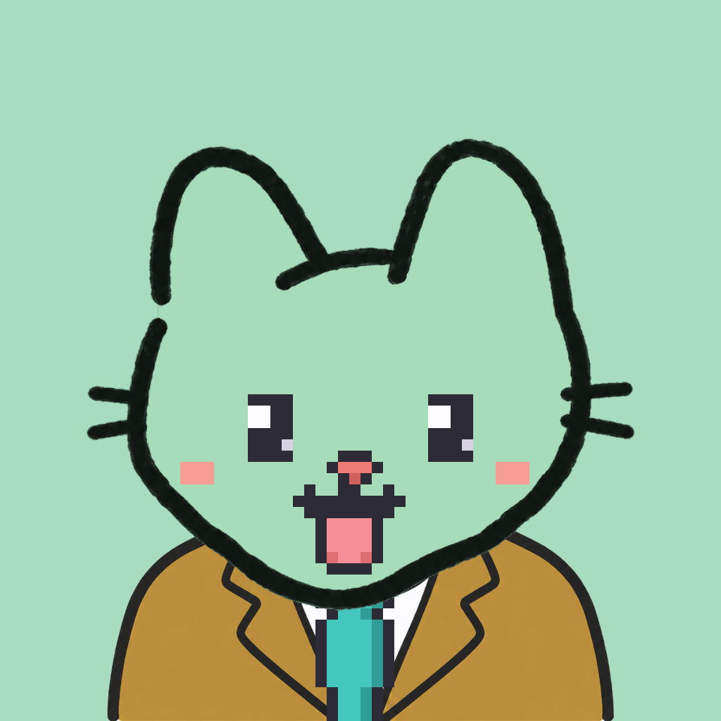 Employee #3127 — a mint cat, in a mustard suit, with a teal tie, on mint
