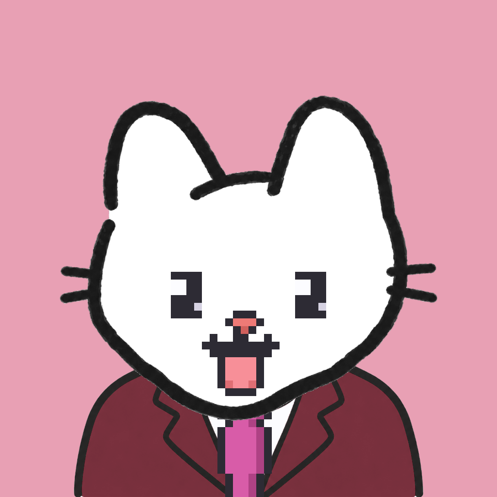 Employee #3128 — a white cat, in a burgundy suit, with a magenta tie, on rose