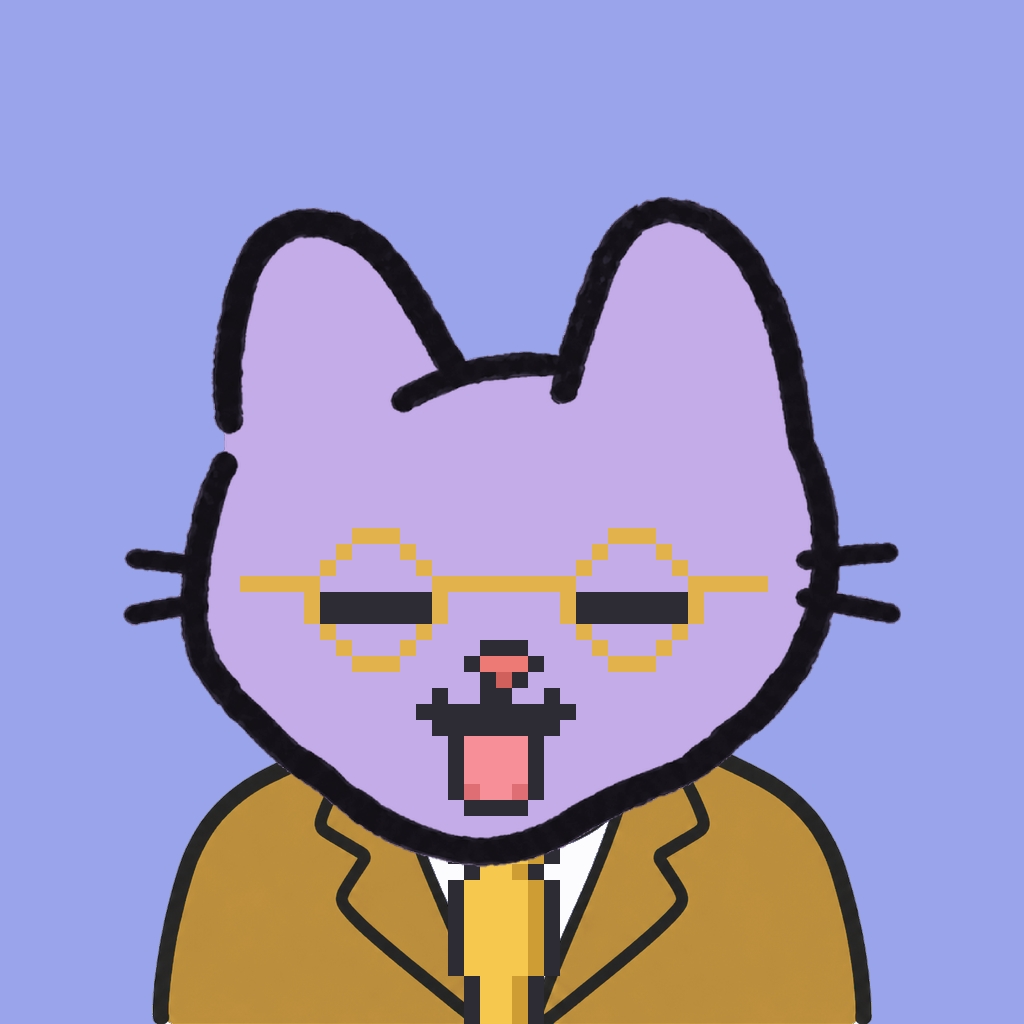 Employee #3129 — a lavender cat, in a mustard suit, with a gold tie, wearing round-gold glasses, on periwinkle