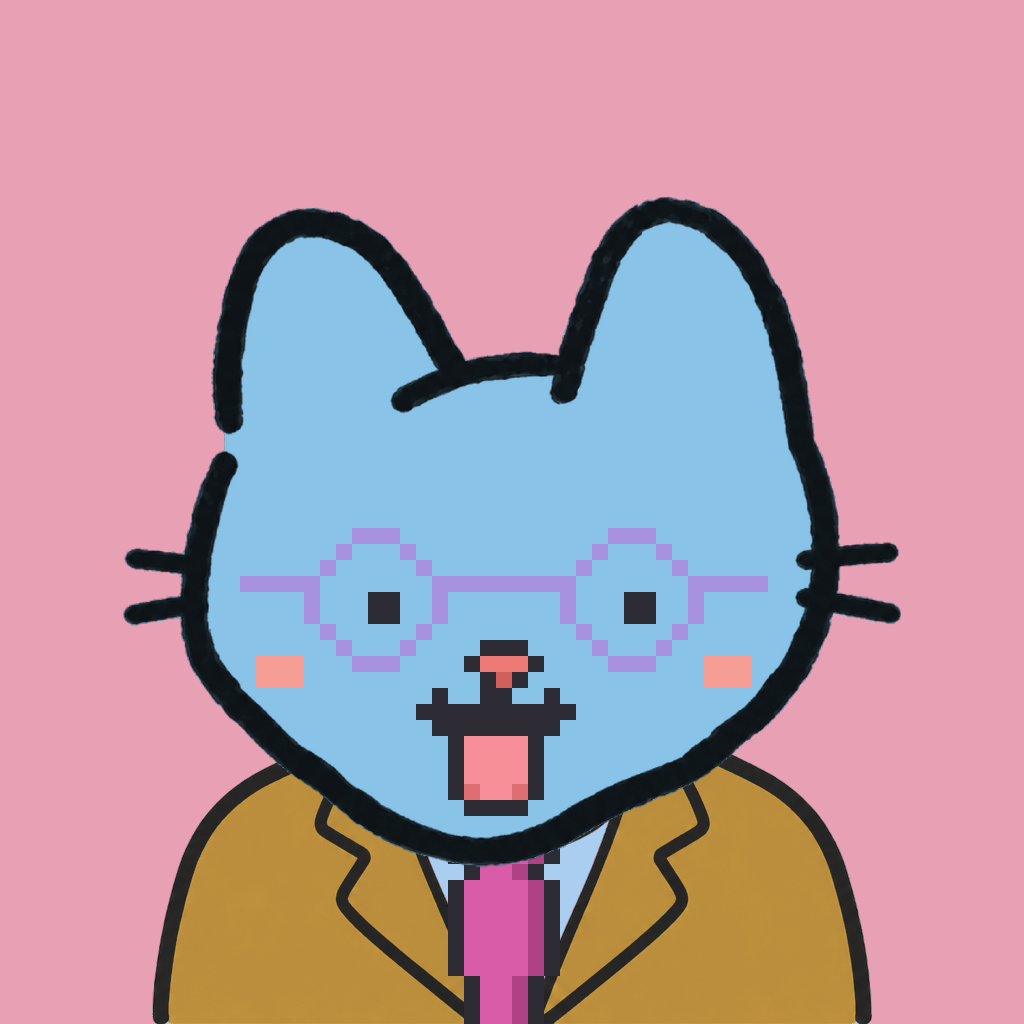 Employee #0313 — a sky cat, in a mustard suit, with a magenta tie, wearing round-lavender glasses, on rose
