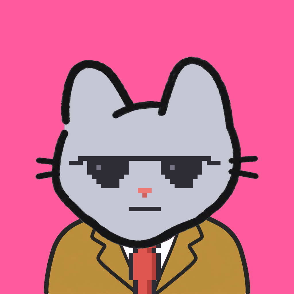 Employee #3130 — a gray cat, in a mustard suit, with a red tie, wearing shades glasses, on hot pink