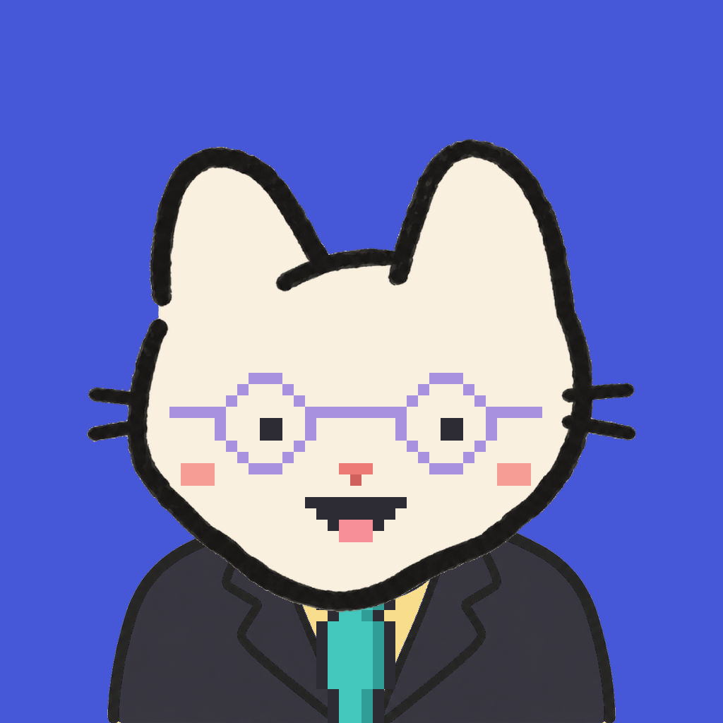 Employee #3131 — a cream cat, in a black suit, with a teal tie, wearing round-lavender glasses, on royal
