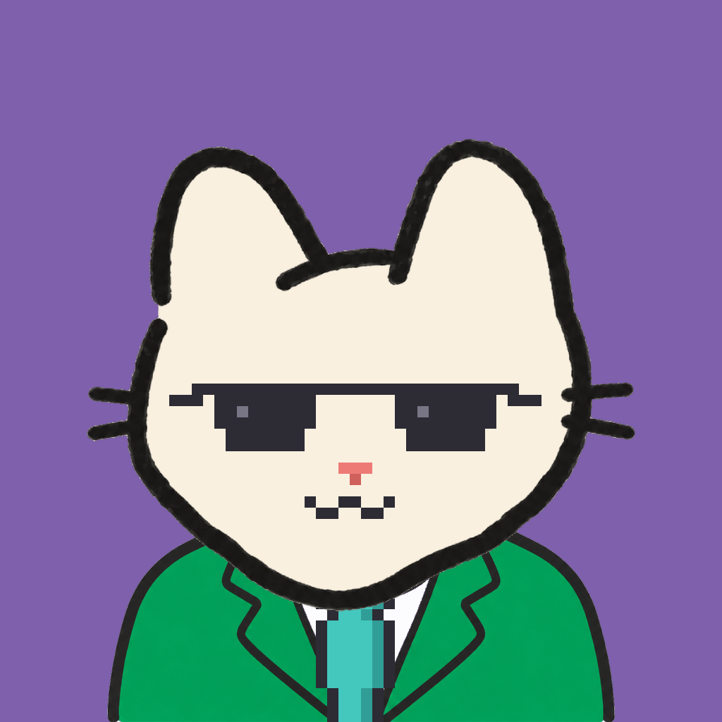 Employee #3132 — a cream cat, in a green suit, with a teal tie, wearing shades glasses, on plasma violet