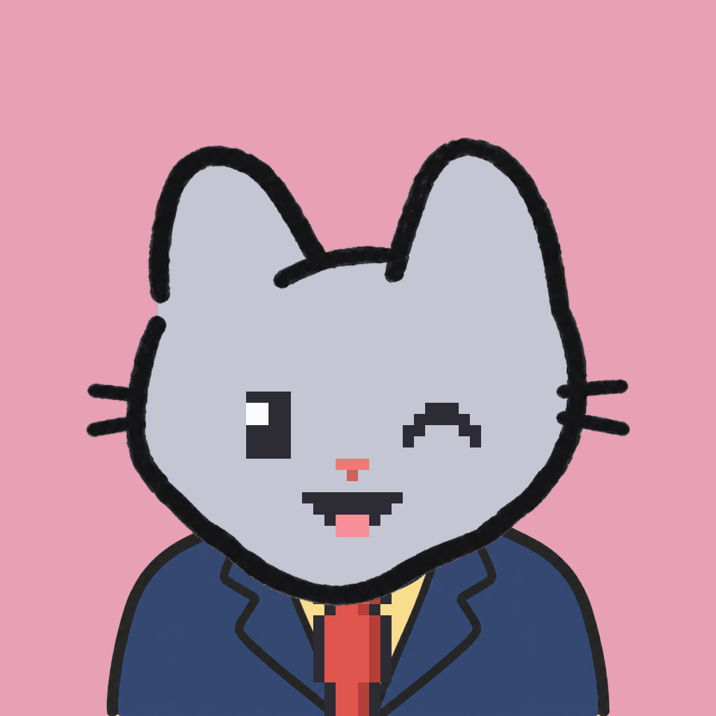 Employee #3133 — a gray cat, in a navy suit, with a red tie, on rose
