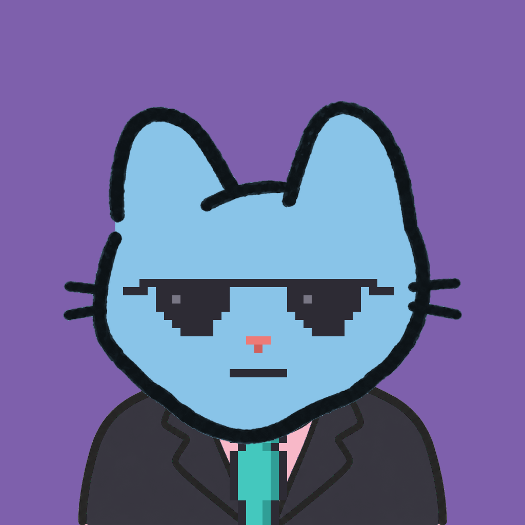 Employee #3134 — a sky cat, in a black suit, with a teal tie, wearing shades glasses, on plasma violet