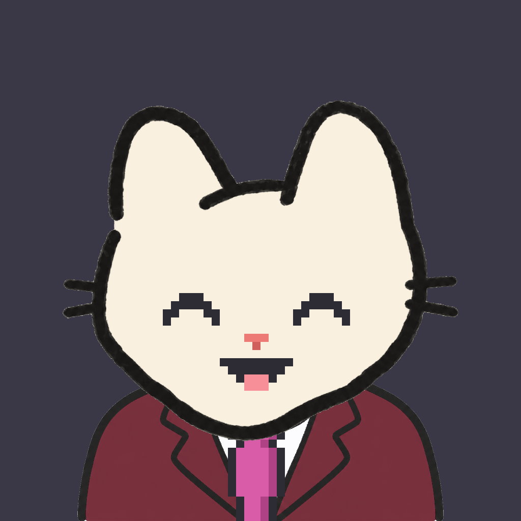 Employee #3135 — a cream cat, in a burgundy suit, with a magenta tie, on charcoal