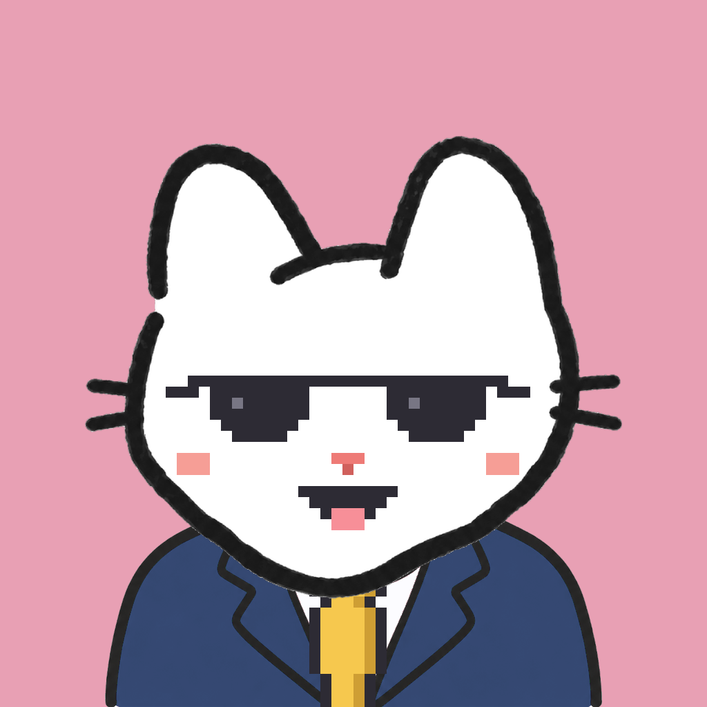 Employee #3136 — a white cat, in a navy suit, with a gold tie, wearing shades glasses, on rose