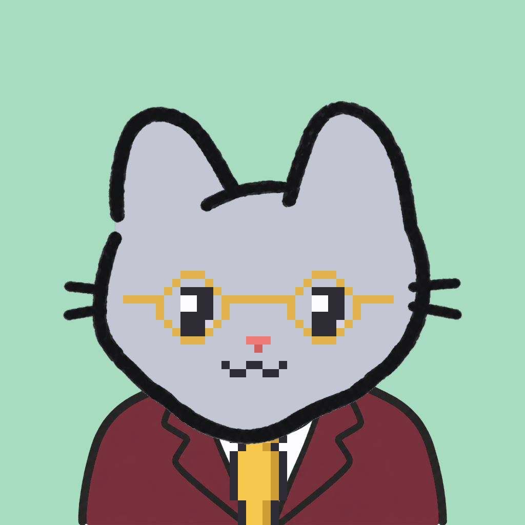 Employee #3137 — a gray cat, in a burgundy suit, with a gold tie, wearing round-gold glasses, on mint