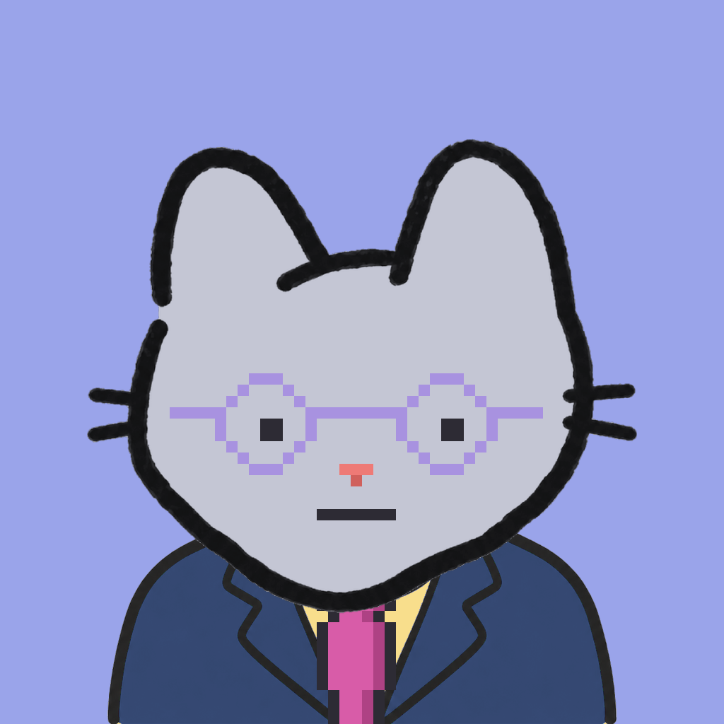 Employee #3138 — a gray cat, in a navy suit, with a magenta tie, wearing round-lavender glasses, on periwinkle