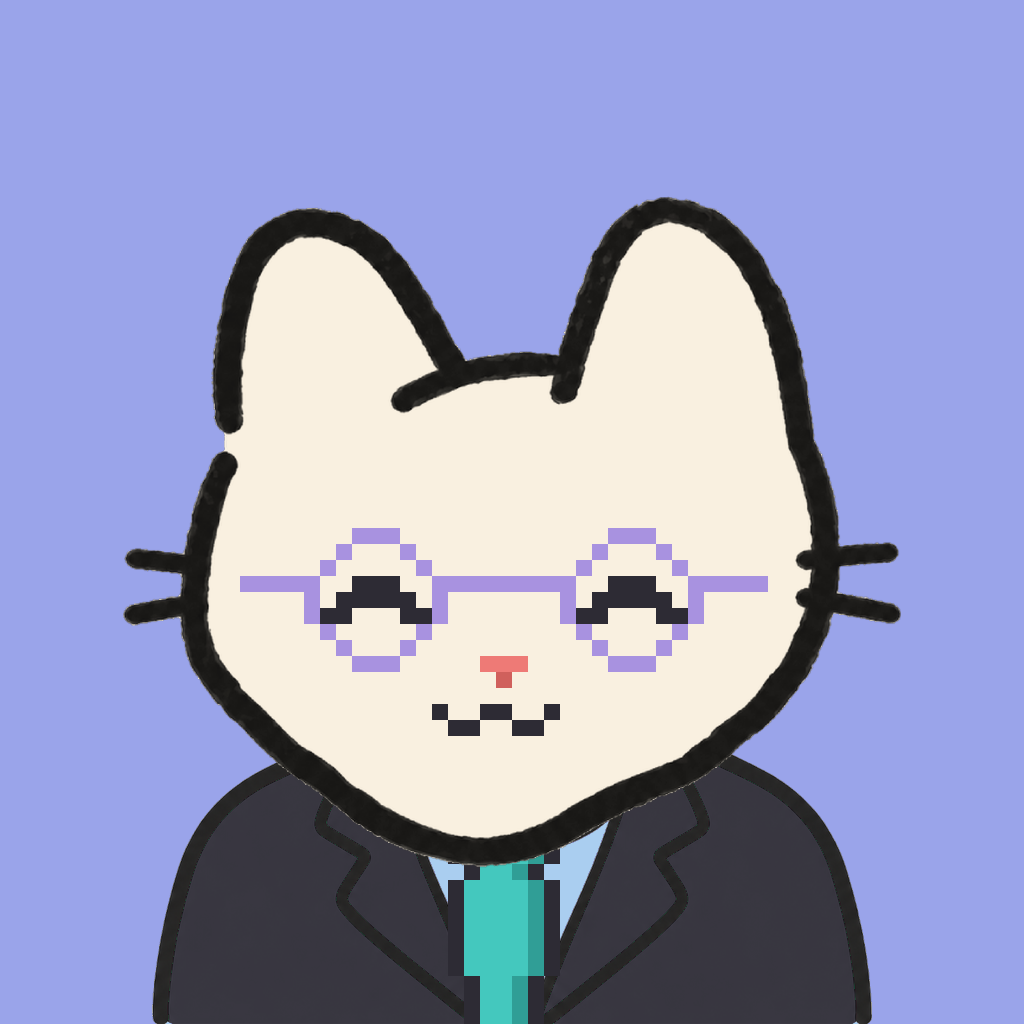 Employee #0314 — a cream cat, in a black suit, with a teal tie, wearing round-lavender glasses, on periwinkle