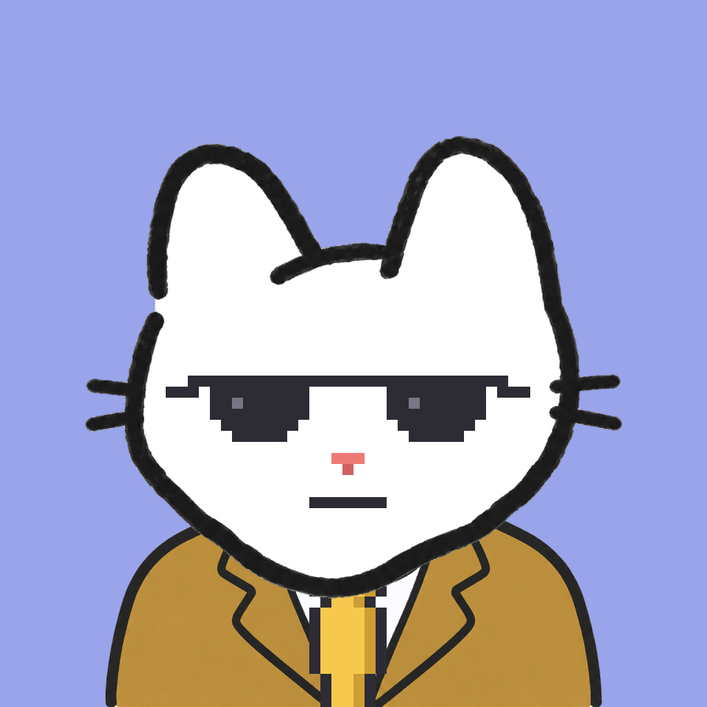 Employee #3140 — a white cat, in a mustard suit, with a gold tie, wearing shades glasses, on periwinkle
