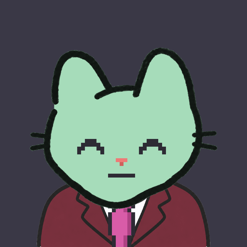 Employee #3141 — a mint cat, in a burgundy suit, with a magenta tie, on charcoal
