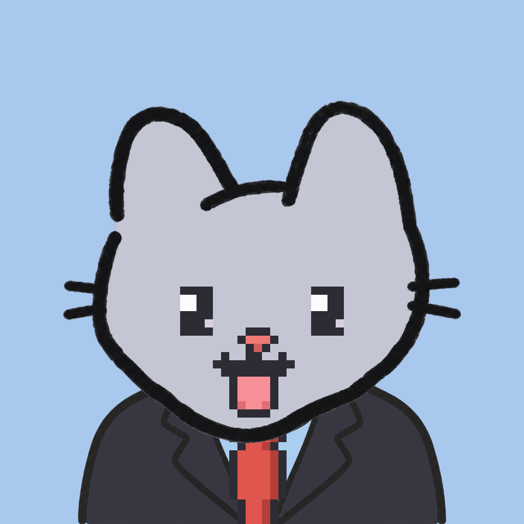 Employee #3142 — a gray cat, in a black suit, with a red tie, on sky