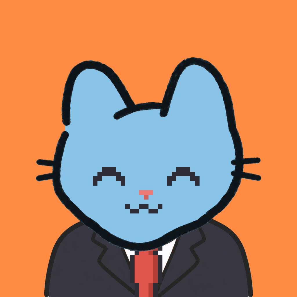 Employee #3143 — a sky cat, in a black suit, with a red tie, on tangerine