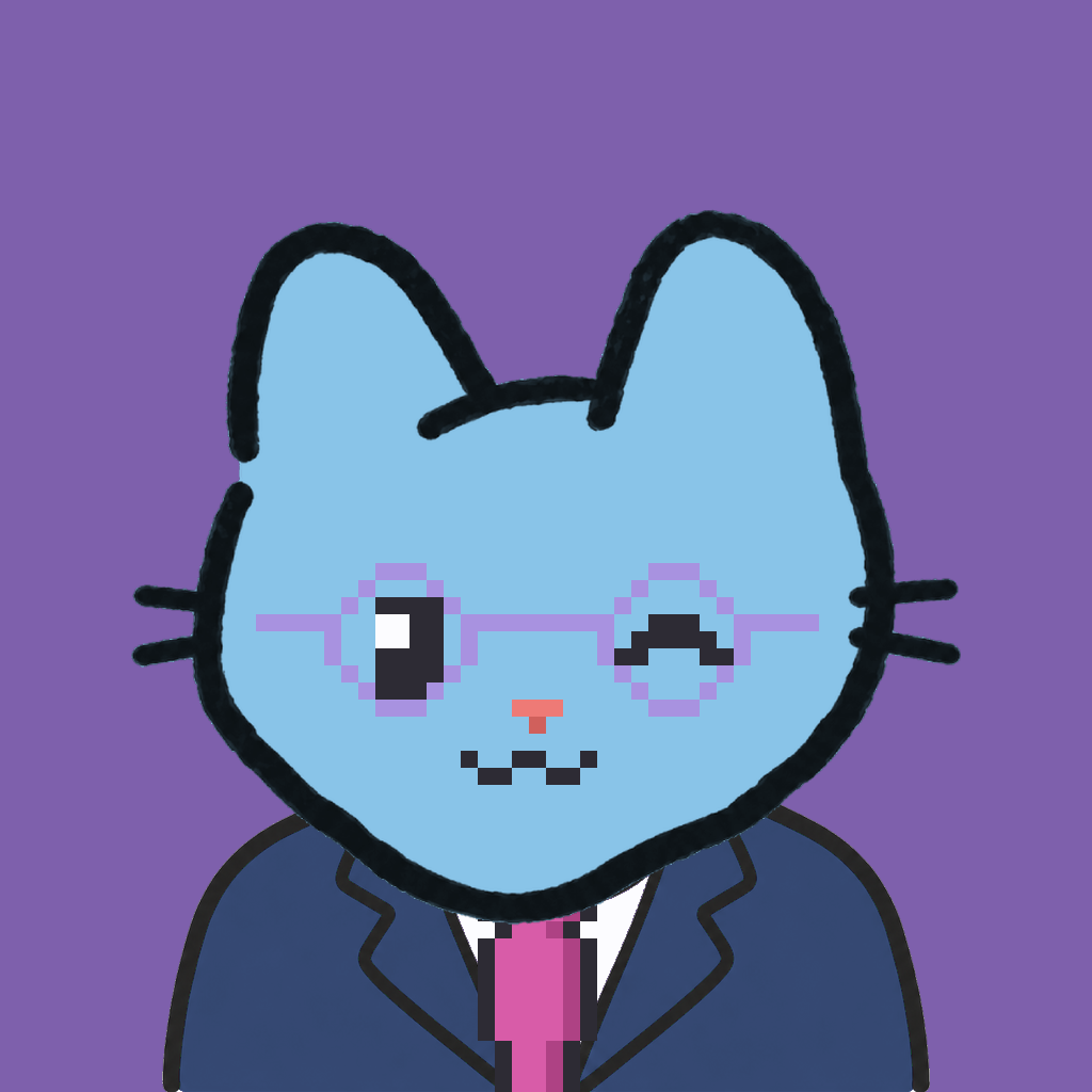 Employee #3144 — a sky cat, in a navy suit, with a magenta tie, wearing round-lavender glasses, on plasma violet