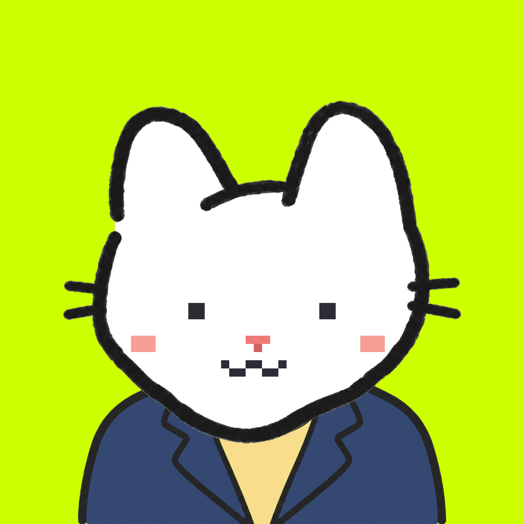 Employee #3145 — a white cat, in a navy suit, on volt