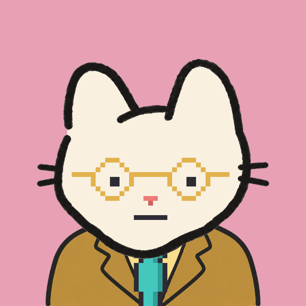 Employee #3146 — a cream cat, in a mustard suit, with a teal tie, wearing round-gold glasses, on rose