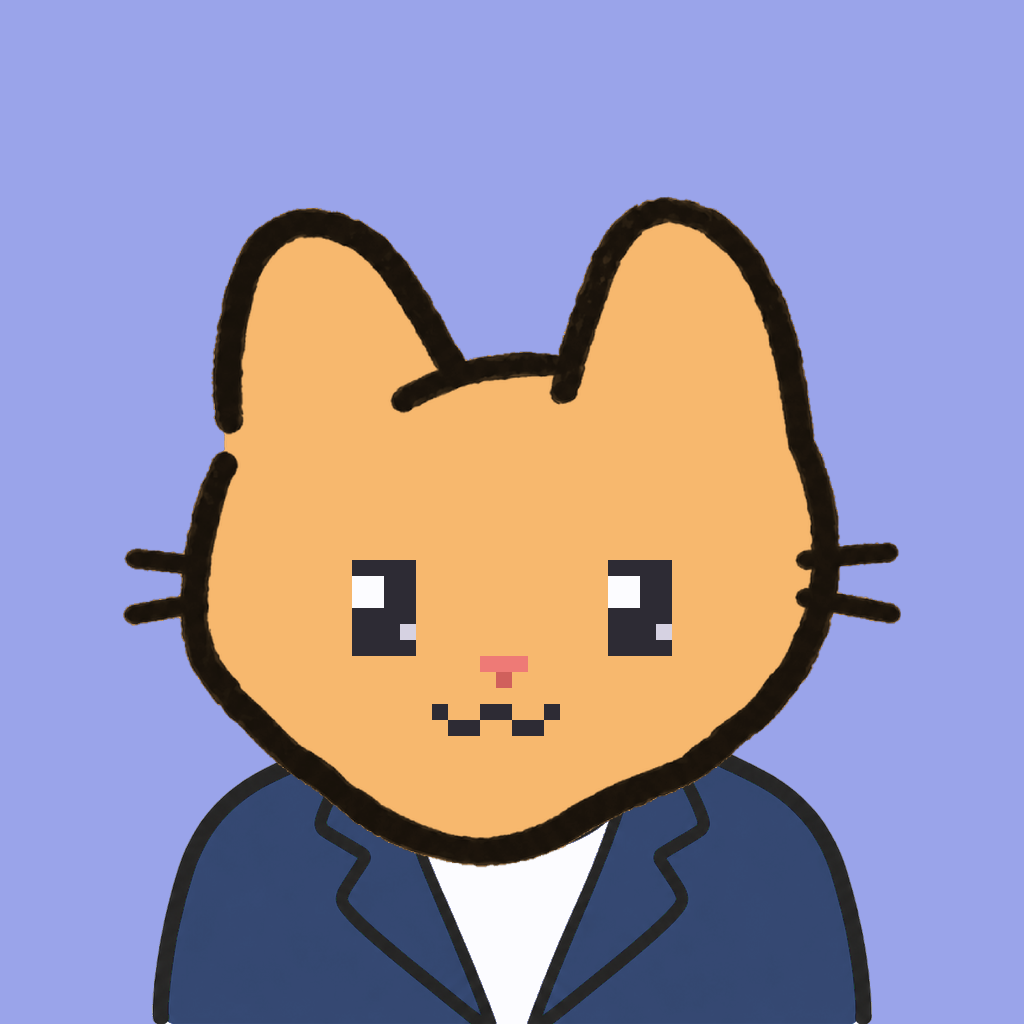 Employee #3147 — a tabby cat, in a navy suit, on periwinkle