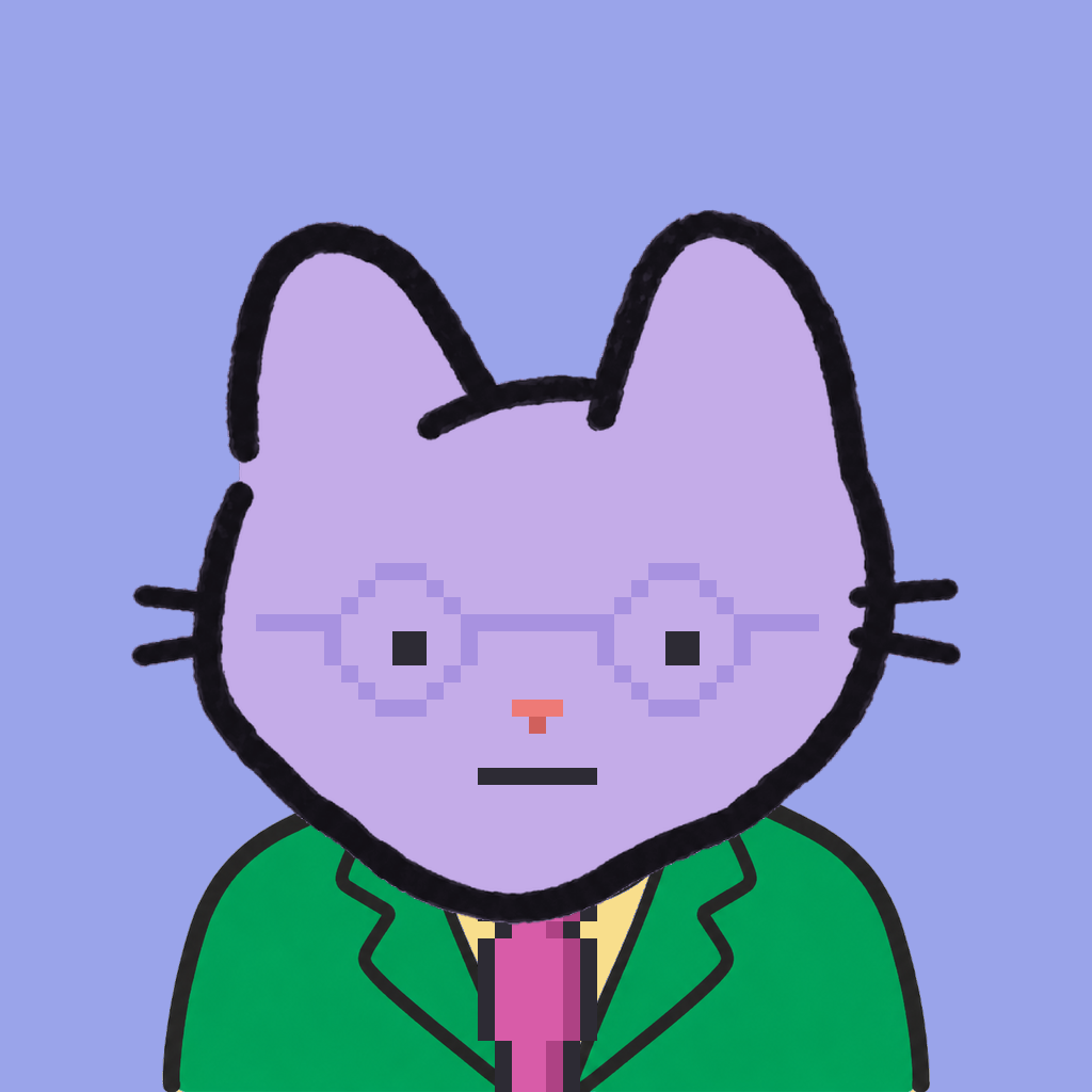 Employee #3148 — a lavender cat, in a green suit, with a magenta tie, wearing round-lavender glasses, on periwinkle