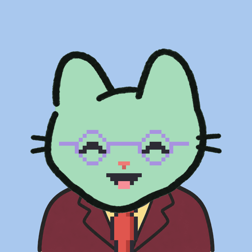 Employee #3149 — a mint cat, in a burgundy suit, with a red tie, wearing round-lavender glasses, on sky
