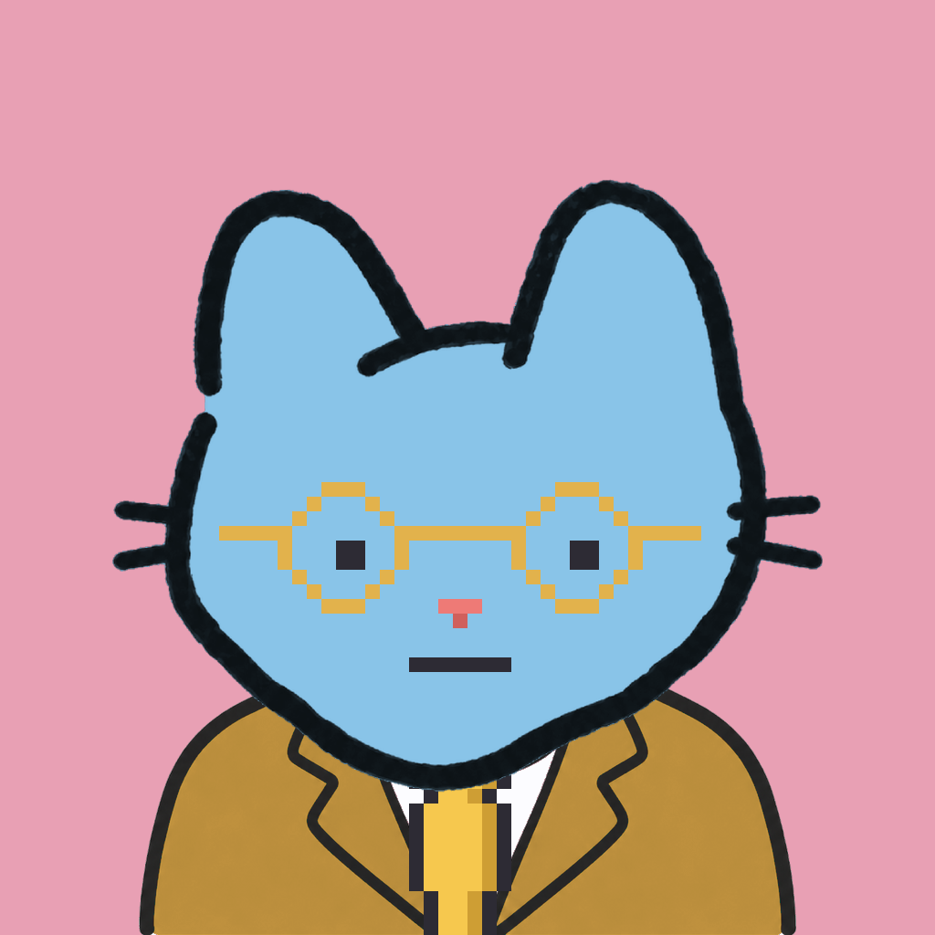 Employee #0315 — a sky cat, in a mustard suit, with a gold tie, wearing round-gold glasses, on rose