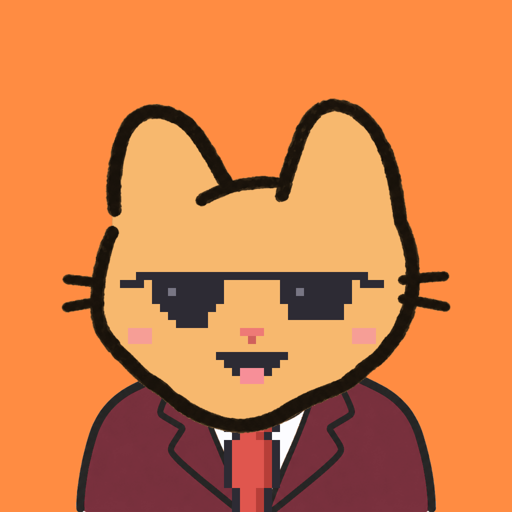 Employee #3150 — a tabby cat, in a burgundy suit, with a red tie, wearing shades glasses, on tangerine