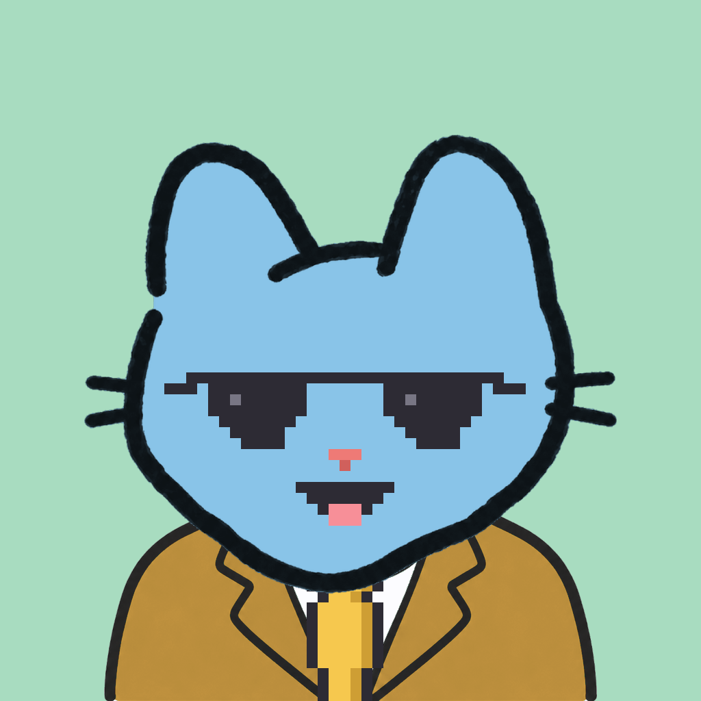 Employee #3151 — a sky cat, in a mustard suit, with a gold tie, wearing shades glasses, on mint