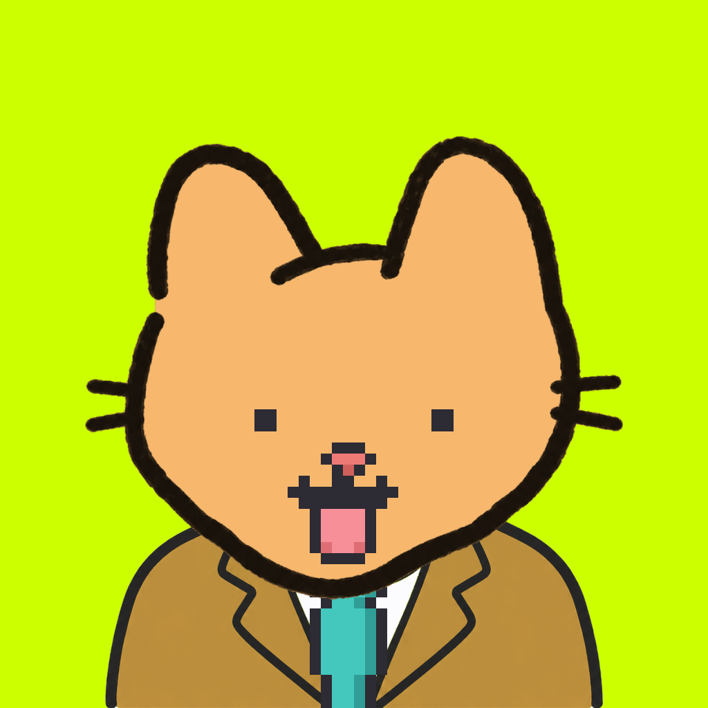 Employee #3152 — a tabby cat, in a mustard suit, with a teal tie, on volt