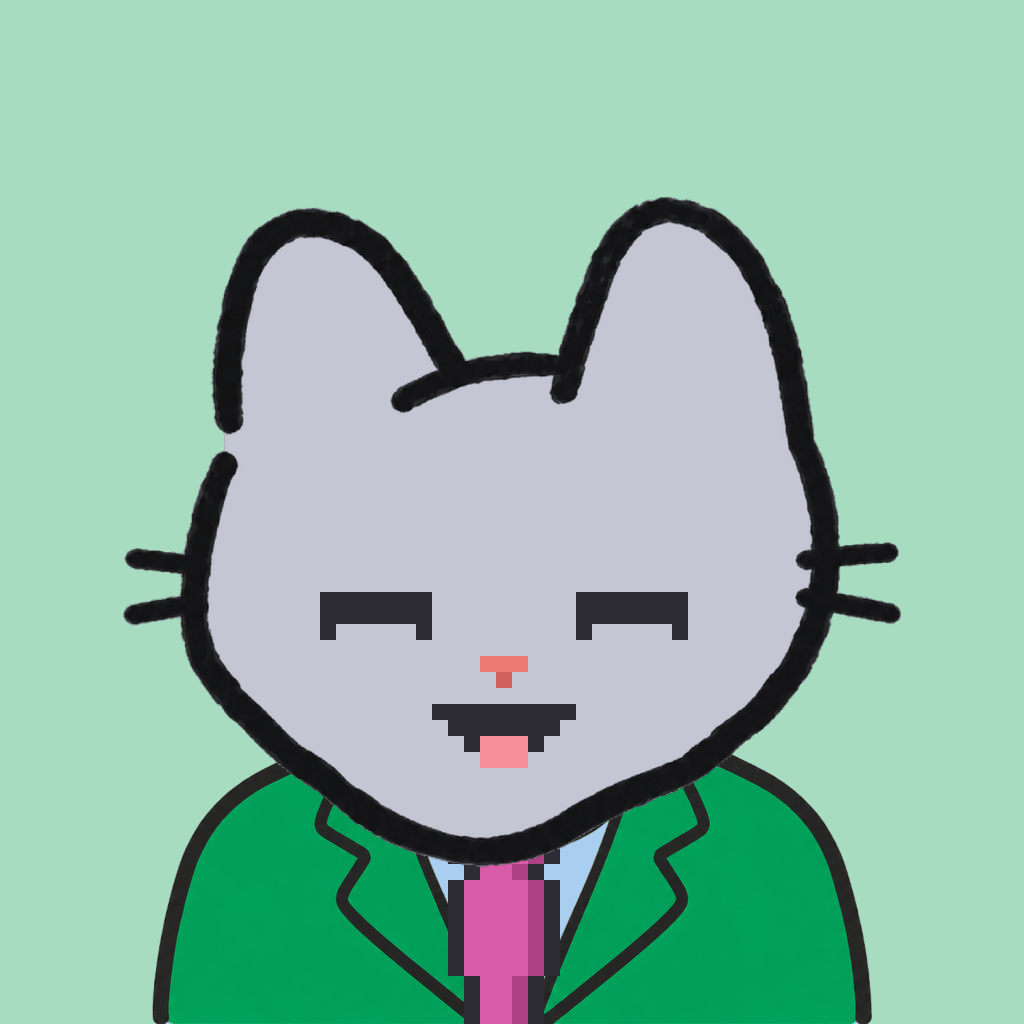 Employee #3153 — a gray cat, in a green suit, with a magenta tie, on mint