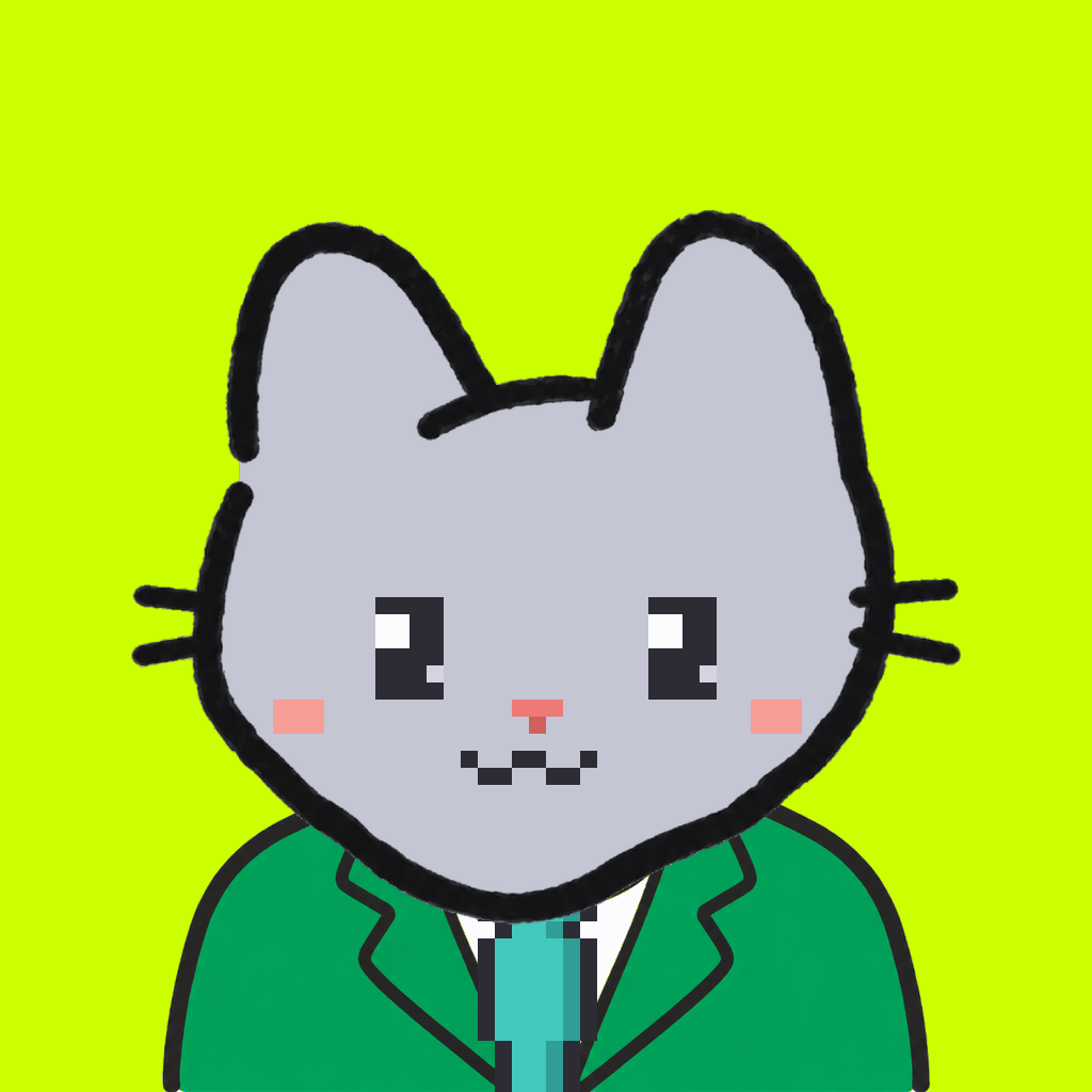 Employee #3154 — a gray cat, in a green suit, with a teal tie, on volt