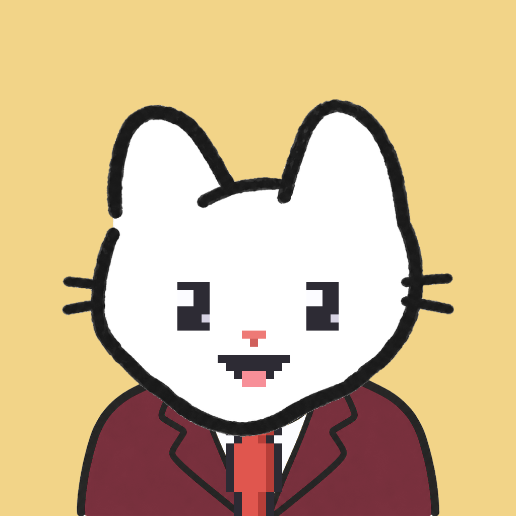 Employee #3155 — a white cat, in a burgundy suit, with a red tie, on butter