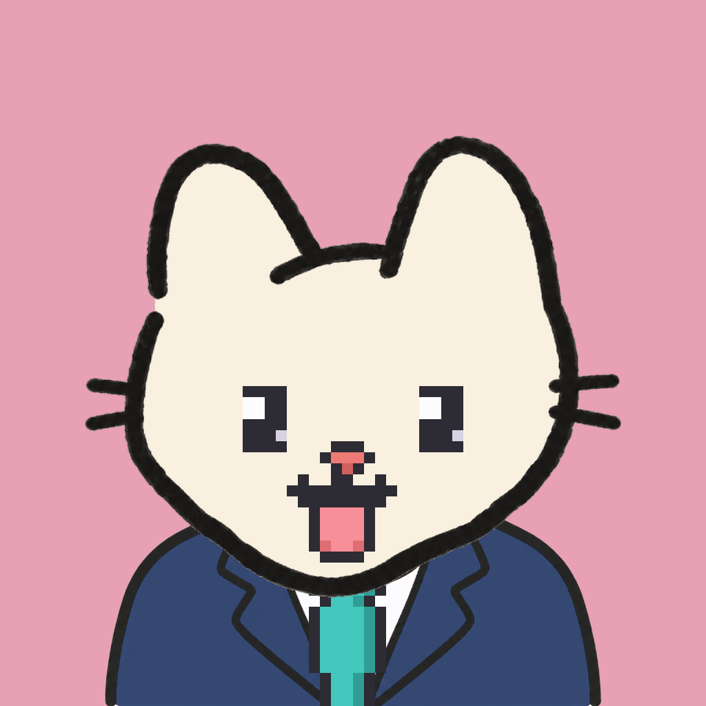 Employee #3157 — a cream cat, in a navy suit, with a teal tie, on rose