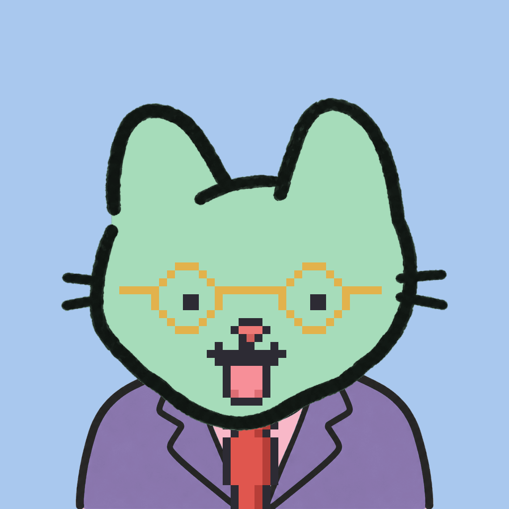 Employee #3158 — a mint cat, in a lavender suit, with a red tie, wearing round-gold glasses, on sky