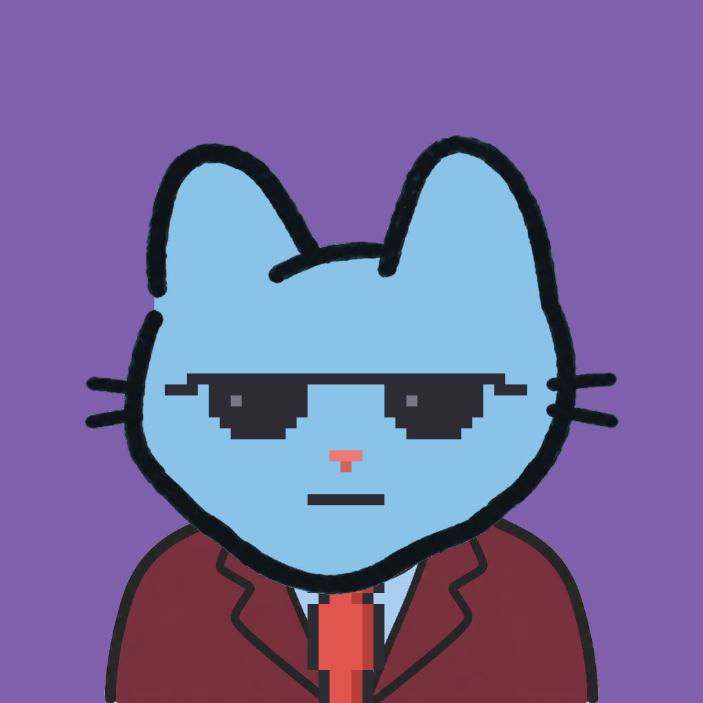 Employee #3159 — a sky cat, in a burgundy suit, with a red tie, wearing shades glasses, on plasma violet