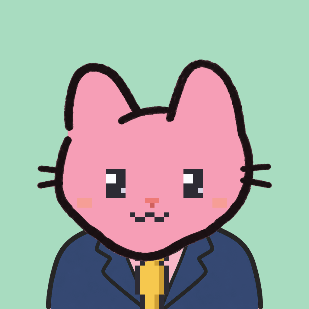 Employee #0316 — a pink cat, in a navy suit, with a gold tie, on mint