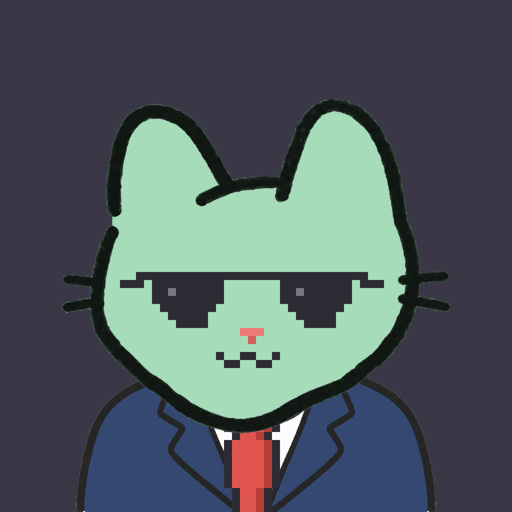 Employee #3160 — a mint cat, in a navy suit, with a red tie, wearing shades glasses, on charcoal