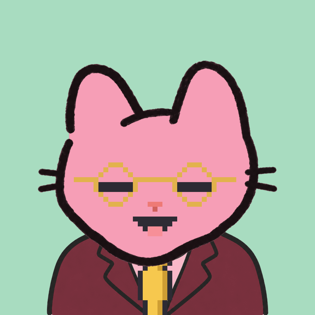 Employee #3161 — a pink cat, in a burgundy suit, with a gold tie, wearing round-gold glasses, on mint