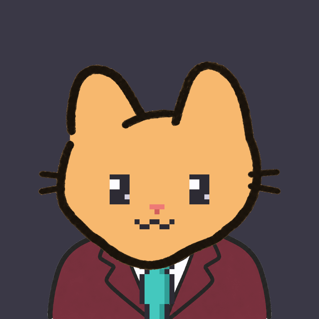 Employee #3162 — a tabby cat, in a burgundy suit, with a teal tie, on charcoal