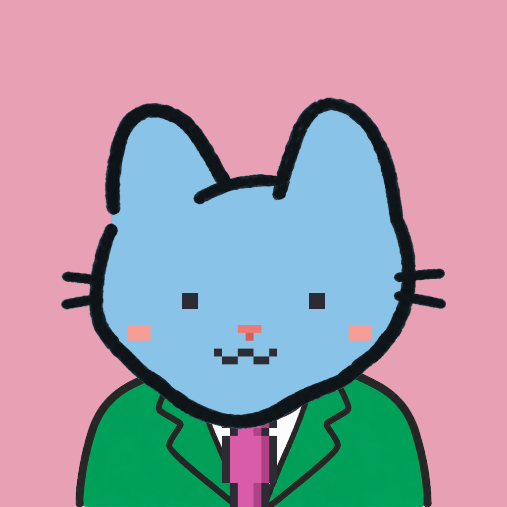 Employee #3163 — a sky cat, in a green suit, with a magenta tie, on rose
