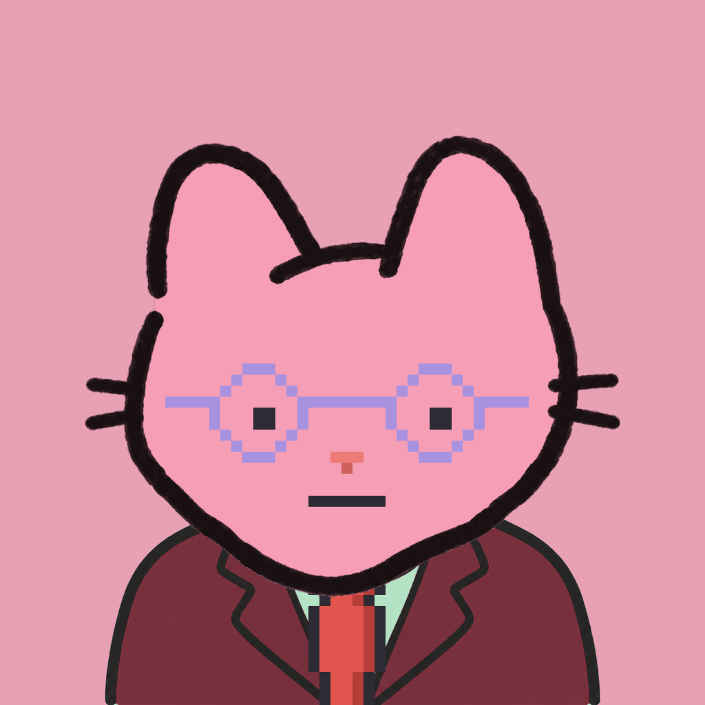 Employee #3164 — a pink cat, in a burgundy suit, with a red tie, wearing round-lavender glasses, on rose