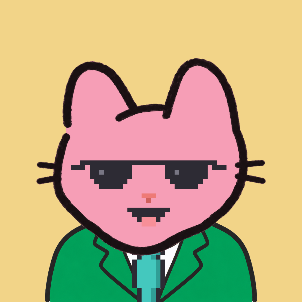 Employee #3165 — a pink cat, in a green suit, with a teal tie, wearing shades glasses, on butter