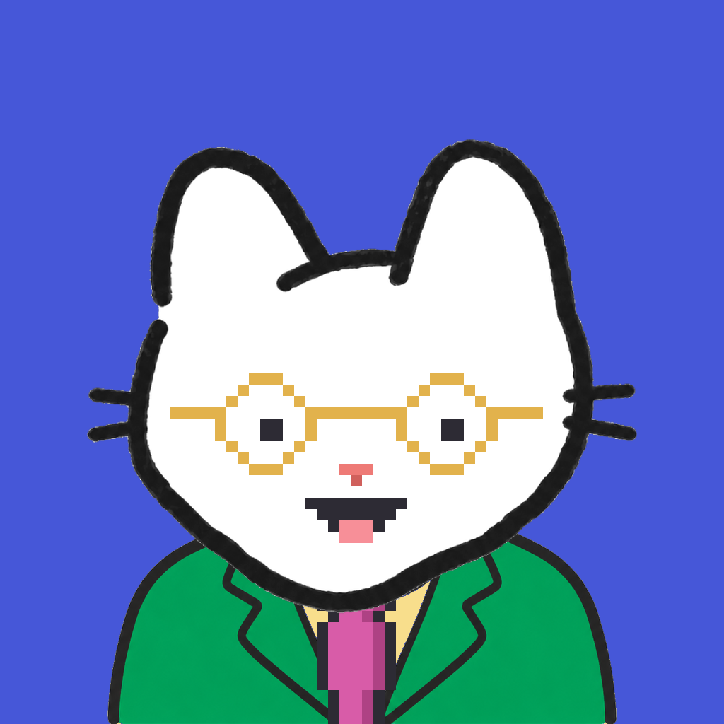 Employee #3166 — a white cat, in a green suit, with a magenta tie, wearing round-gold glasses, on royal